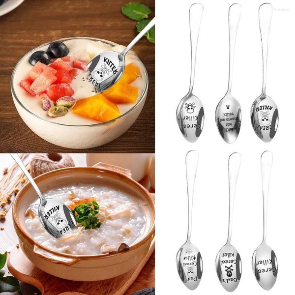 Set di stoviglie cucchiai con manico lungo in acciaio inox con scritte uniche, cucchiaino da caffè, cereali, avena, regalo di Natale per bambini, uomini e donne