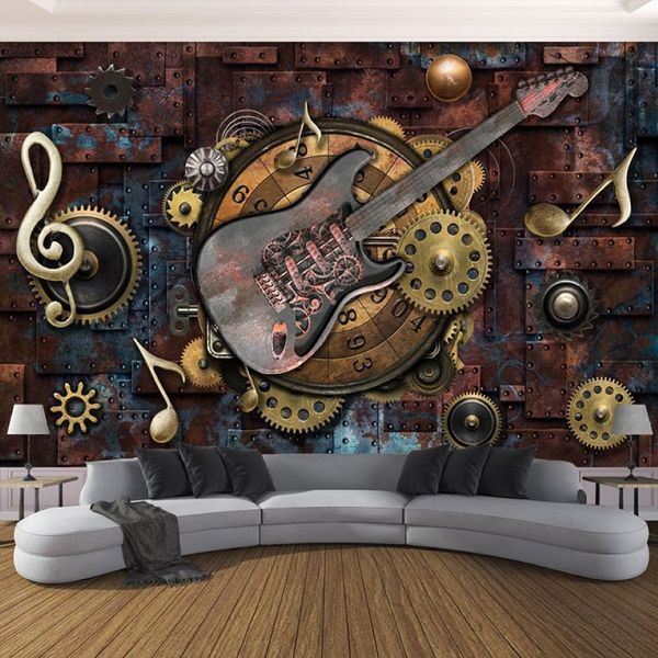 Пользовательские обои Po для стен 3D Ретро гитара Музыкальные ноты Бар KTV Ресторан Кафе Фон Обои Фреска Wall Art 3D1967