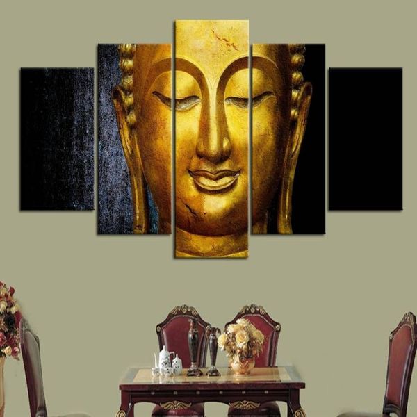 Настенные картины на холсте, модульные 5 шт., золотые картины Будды, кухня, ресторан, декор для гостиной, HD печатный постер без рамки254n