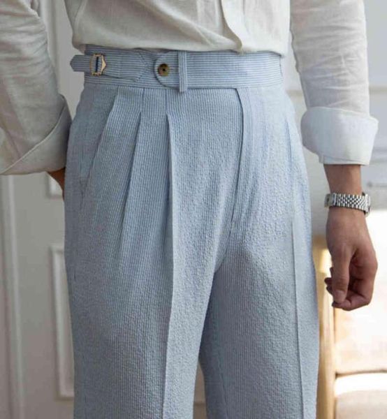 Verão seersucker calças retas de cintura alta britânica pequena burguesia listra azul italiano calças casuais masculino pantalones l2207026515035