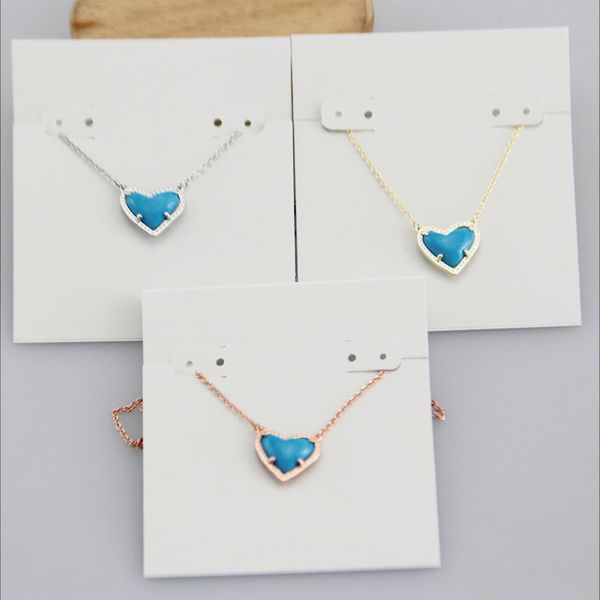 Kolye Kolyeler Kolye Mavi Turkuaz Kalp Kalp Taşı Gerçek 18K Altın Kaplama Darklar Glitter Mücevherler Ücretsiz Toz Çantası ile Mektup Hediyesi