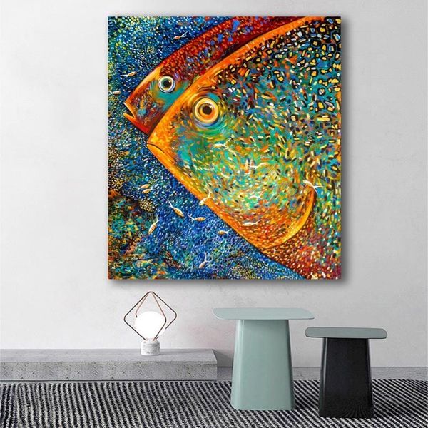 Абстрактные красочные рыбы, живопись, постеры и принты, современное искусство Куадрос, декоративные настенные картины для гостиной, домашний декор207r