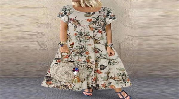 Vintage floral vestido longo feminino verão elegante casual algodão linho vestidos femininos boho praia maxi vestido de festa de férias 2208807565