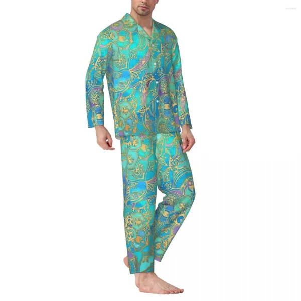 Homens sleepwear metálico ouro retro pijama conjunto outono boho mandalas bonito quarto macio homem duas peças vintage design de grandes dimensões casa terno