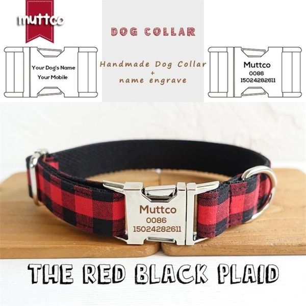 MUTTCO personalisiertes Hunde-ID-Tag-Halsband für Chihuahua-Pudel, THE RED BLACK PLAID, individueller Kosename und Telefonnummer, 5 Größen UDC074 201258E