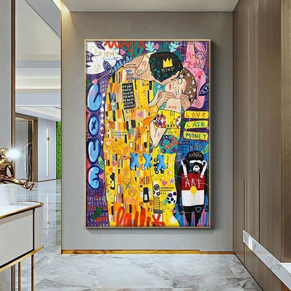 Pintura a óleo abstrata em tela, pôster clássico do artista gustav klimt beijo, arte moderna, imagens de parede para sala de estar, quadros175n