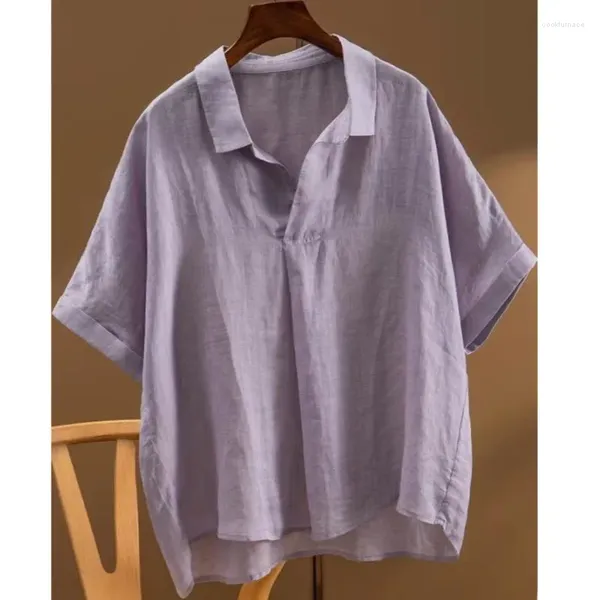 Blusas femininas camisa de manga curta 2024 verão temperamento polo pescoço roxo chique topo das mulheres