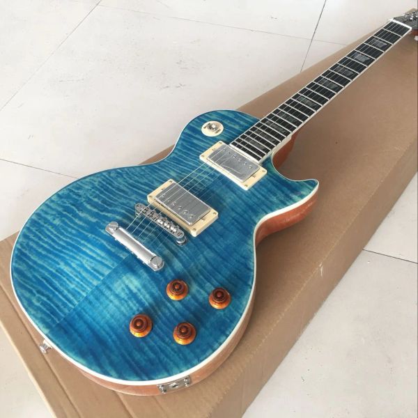 Fabrika özelleştirme mavi kaplan desen elektro gitar yüksek kaliteli 6 ip