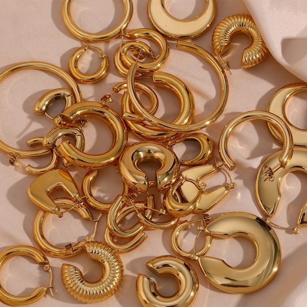 18 Karat Gold, dickes zylindrisches Rohr, hohle Ohrringe für Damen, Ohrclip, klobiges Metall, geometrisch, rund, Edelstahl, Modeschmuck