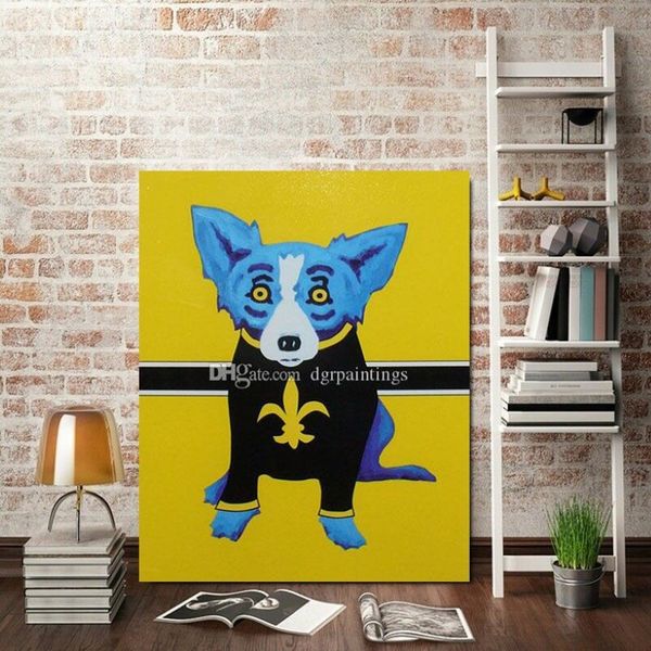 Pinturas a óleo abstratas modernas, pintadas à mão, de alta qualidade, 100%, em tela, pinturas de animais, cachorro azul, decoração de parede de casa, arte AMD-68-8-9280M