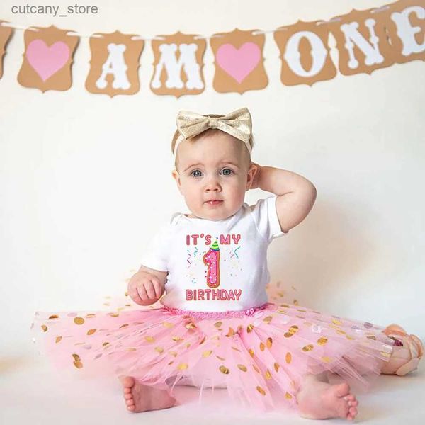 Mädchenkleider „Es ist mein erster Geburtstag“-Outfits Baby-Body zum 1. Geburtstag Tutu-Kleid Donut-Kuchen-Smash-Kleider Säuglingsspielanzug Babykostüm L240311