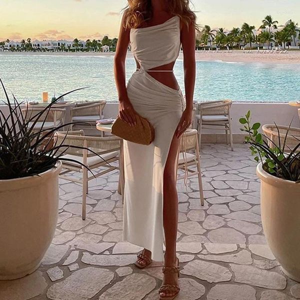 Casual Kleider 2024 Sommer Strand Sexy Hohl Backless Tie Up Slip Kleid Frauen Low Cut Ärmel Slim-fit Maxi für Club Party