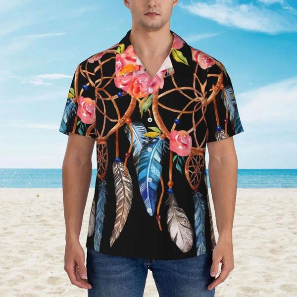 Freizeithemden für Herren, Traumfänger-Strandhemd, roter Blumendruck, hawaiianische Herren-Vintage-Blusen, kurzärmelige Street-Style-Design-Oberteile