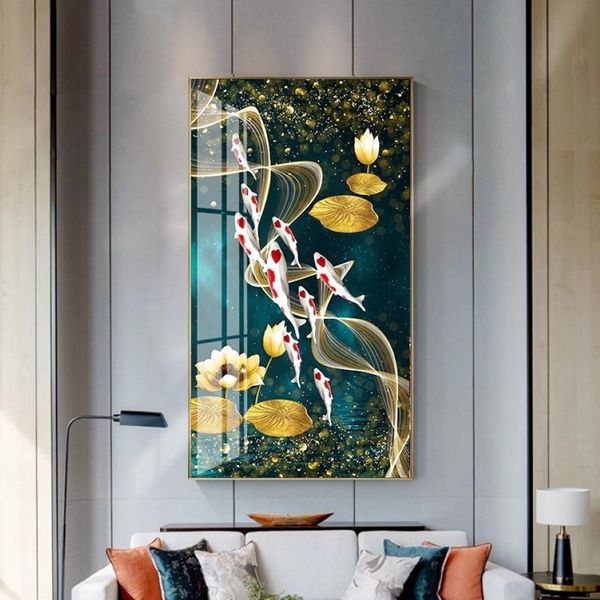 Dipinti Immagine di arte della parete Stampa HD Astratta cinese Nove pesci Koi Paesaggio Pittura a olio su tela Poster per soggiorno moderno 251 m
