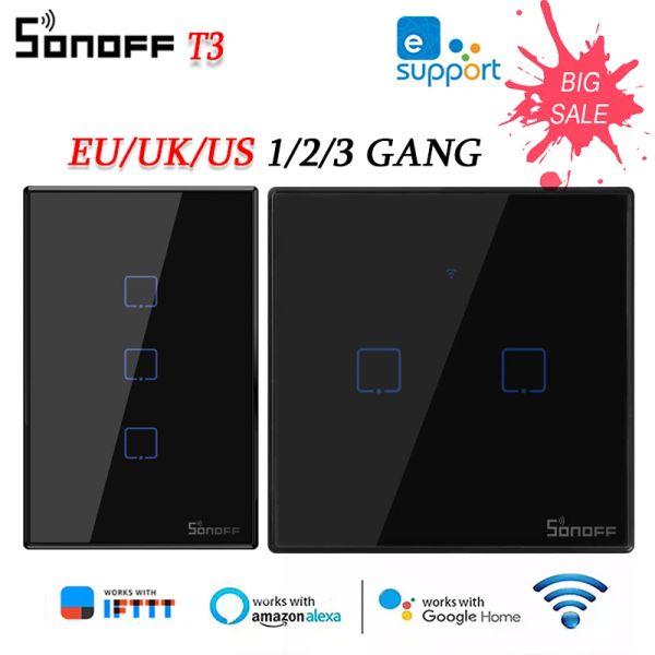 Controllo SONOFF T3 TX WiFi Smart Wall Switch EU/UK/US 1/2/3 Gang Ewelink/RF/Voice Remote Control Light Switch Funziona con Alexa Google Home