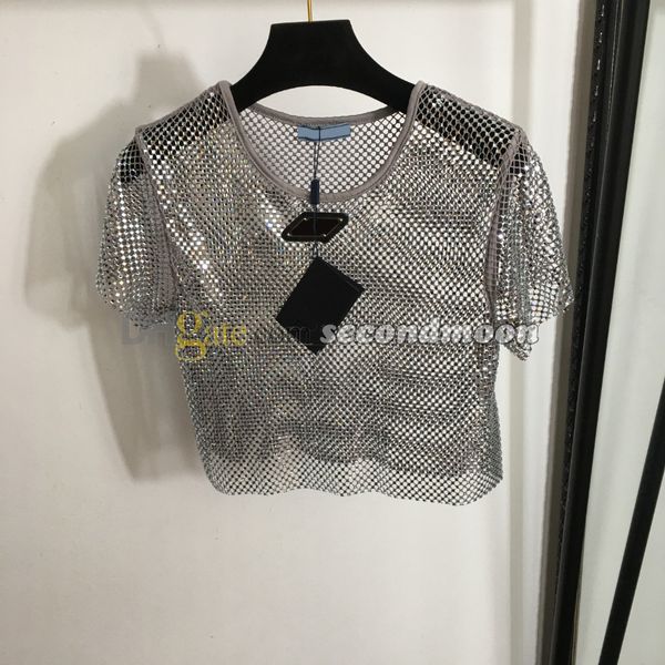 Maglietta sexy cava da donna T-shirt con strass lucidi Designer T-shirt con distintivo in metallo T-shirt in cristallo