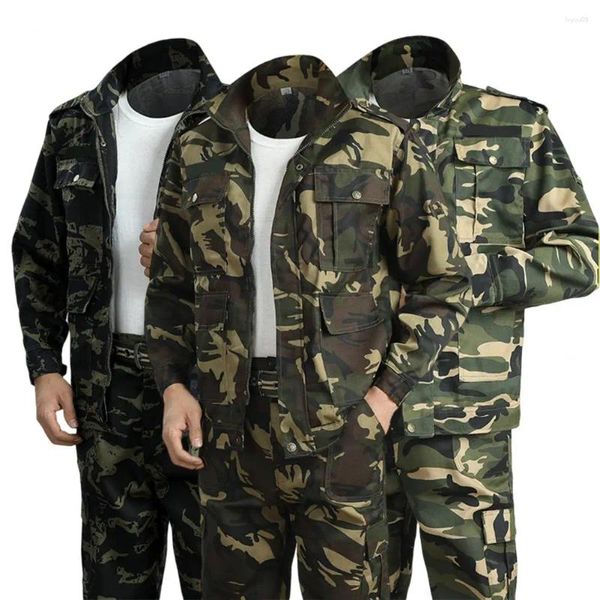 Fatos masculinos roupas de trabalho terno resistente à sujeira camuflagem impressão botão manguito homens casaco calças para a escola