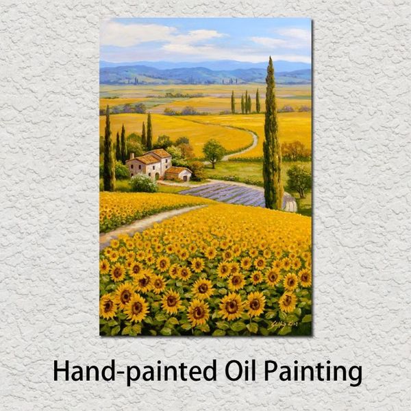 Bela pintura a óleo paisagens girassol flor campo arte em tela pintada à mão para sala de estudo decoração de parede284d