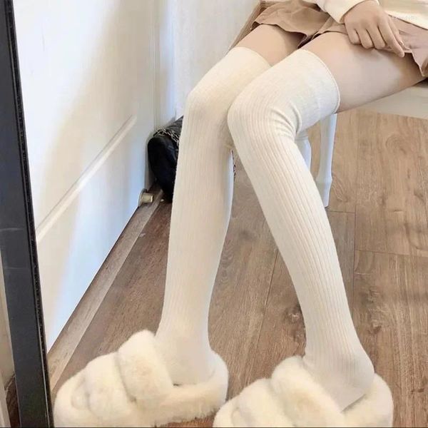 Mulheres meias meias outono inverno cor sólida coxa alta medias sobre o joelho bonito lolita mulher meninas grosso quente perna longa