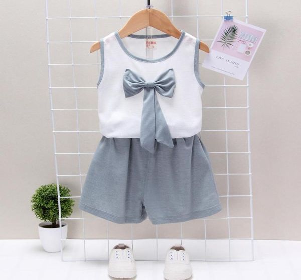 Estate bambini vestiti casual vestito carino neonate bellissimo fiocco gilet pantaloncini 2 pezzi set bambino cotone abbigliamento tute infantili8885896