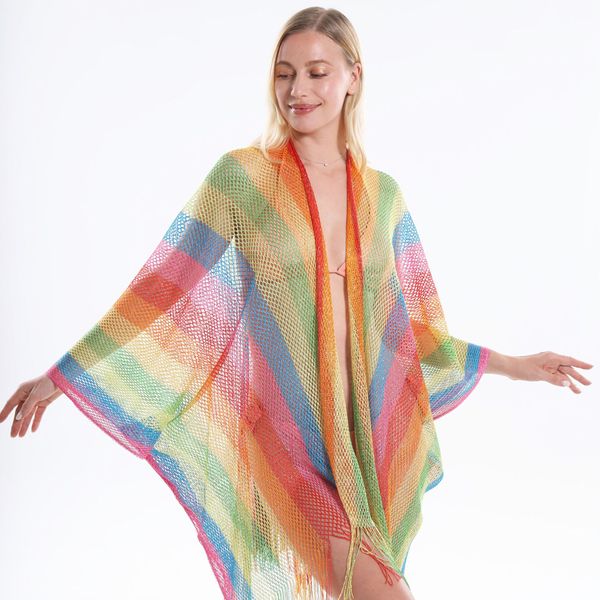 2024 Summer New Rainbow Mesh Sexy Hollow Sun Protection Shawl Women's European and American Tourist Beach Scarf