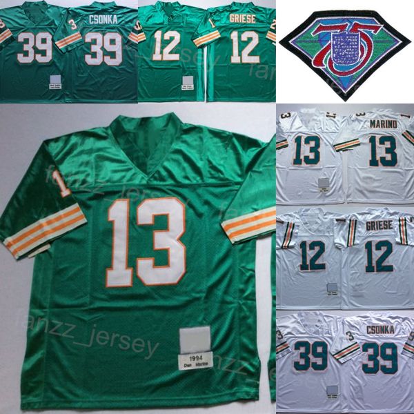 1994 Retro Futebol 13 Dan Marino Jerseys 12 Bob Griese 39 Larry Csonka Vintage Verde Branco Equipe Cor Toda Costura 75º Aniversário Para Fãs Esportivos Uniforme Alto