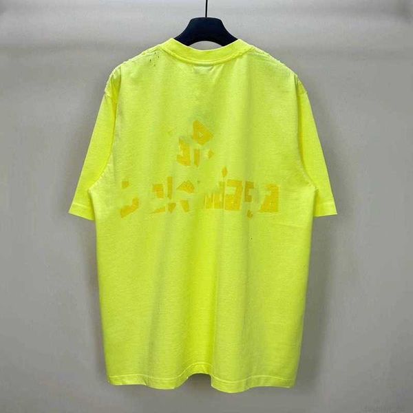 designer B family versione alta 24SS nastro giallo sfumato puro cotone logoro top con foro girocollo uomo e donna manica corta T-shirt coppia K2HY