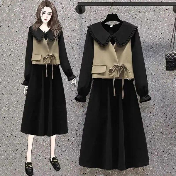 İş Elbiseleri 2024 Bahar Sonbahar Dantel Yukarı Yuvarat Yelek Saf Siyah Bebek Yakası Tek Kesin Kelime Orta Uzun Elbise İki Parça Kadınlar İçin Set