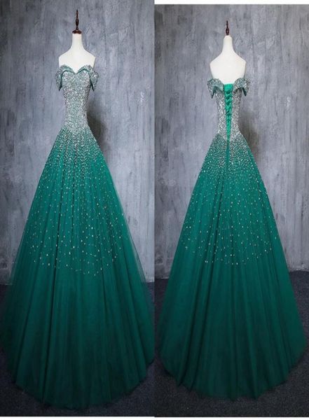 Moda Teal Quinceanera Abiti da ballo Abito di sfera Bling Perline di cristallo Spalle scoperte con maniche Corsetto Indietro Party Sweet 16 Dress2920203