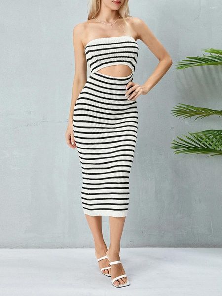 Vestidos casuais mulheres sem alças cortadas tubo de malha vestido sem mangas de malha bodycon maxi bandeau longo cabido 2024 na moda