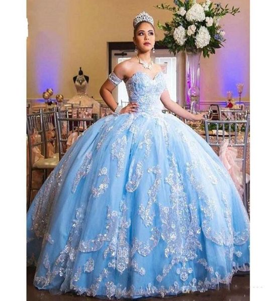 Небесно-голубые платья Quinceanera Sweet 16 со съемными рукавами Бальные платья Милый корсет сзади Кружевная аппликация Многоуровневая юбка Тюль P3250465