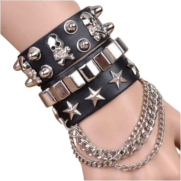 Designer di gioielli per uomo Polsino in pelle nera Polsino in metallo gotico Rivetto in metallo punk Braccialetti con stella scheletro per bracciali da donna Bracciale cosplay