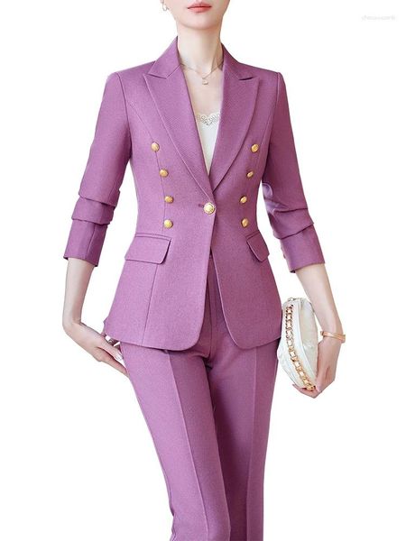 Женские брюки из двух предметов, модный фиолетовый, черный женский брючный костюм высокого качества, женский деловой костюм, официальная куртка, пиджак и брюки