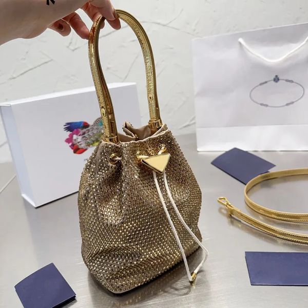 Нейлоновая сумка-ведро со стразами, женская сумочка для ужина, кошелек, треугольная сумка с блестками, сумка с верхней ручкой и стразами, длинный ремешок, 2024