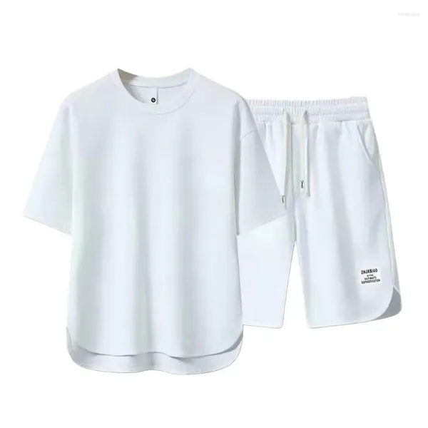 Fatos de treino masculino 2 peças conjunto de roupas esportivas de verão casual o-pescoço manga curta camiseta cordão cintura larga perna shorts activewear