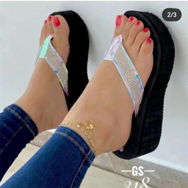 Chinelos femininos tamanho grande clip toe plataforma slides strass flip-flops cunha salto sapatos de praia senhoras sandálias de salto alto