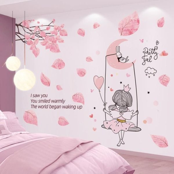 Adesivos de parede desenho animado menina lua swing diy árvore folhas decalques murais para crianças quartos crianças garotas de bebê decoração de cozinha de cozinha305o