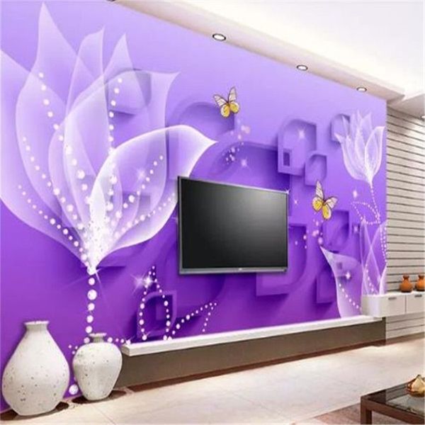 Carta da parati personalizzata 3d Giglio viola Fiori trasparenti Moda Soggiorno Camera da letto Sfondo Muro Decorazioni per la casa Sfondi murali262I