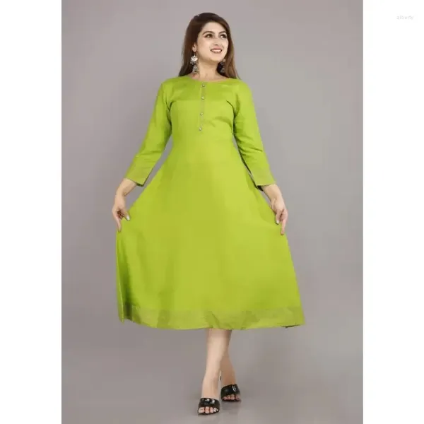 Ethnische Kleidung Baumwolle Damen Solid Kleid Plain Frock Green Gown Casual Long Robe Suit