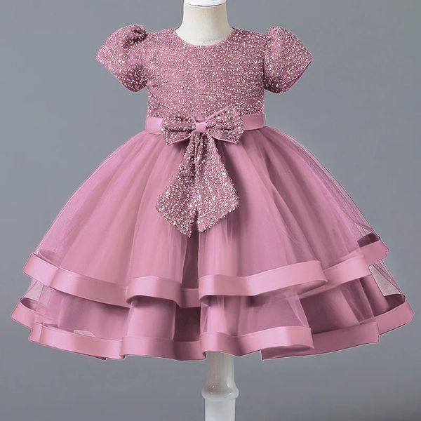 Mädchen Babykleid Stickerei Paillette Bow Kurzarm Puffy Prinzessin Kleid 0-5 Jahre alte Baby Mädchen Geburtstagskommunion Party Kleid 240403