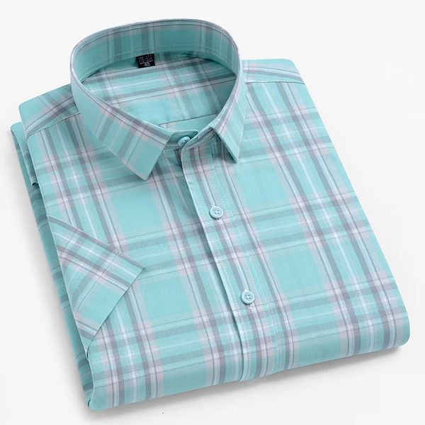 Camisas xadrez de algodão para homens manga curta sem bolso padrão ajuste camisas casuais clássico jovem menino bonito roupas diárias 240312