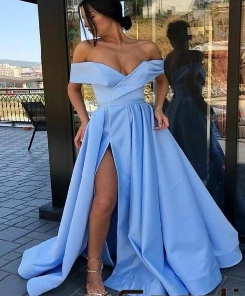 Sexy Aqua-Abschlussballkleider, schulterfrei, A-Linie, hohe Schlitze, Satin, lange formelle Partykleider, taillierte, rückenfreie Abendkleider, Roben formell7809110