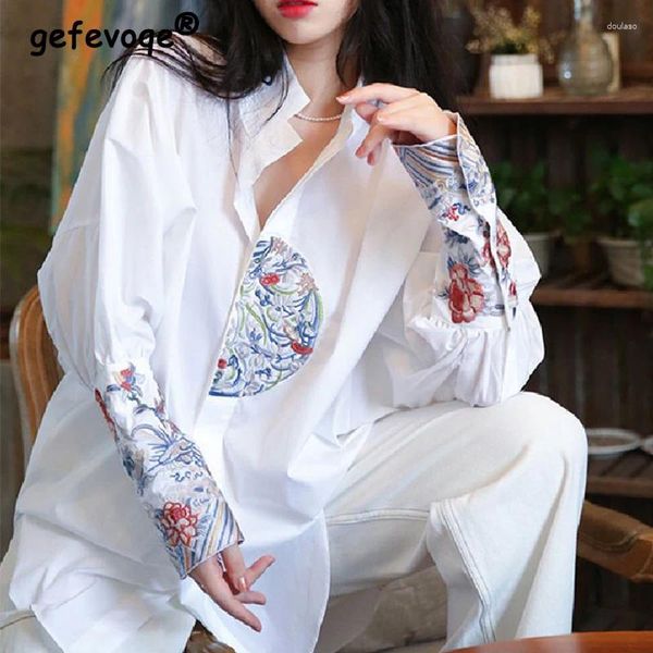 Blusas femininas primavera verão estilo chinês vintage bordado solto blusa casual feminina gola manga longa eleganall-match camisa topos
