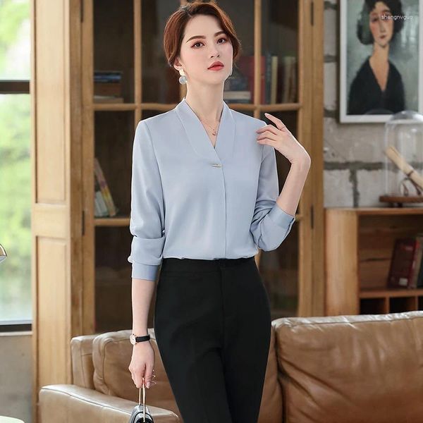 Женские блузки, модные рубашки, женские брюки и комплекты из 2 предметов, офисные женские рабочие топы с v-образным вырезом, стили OL