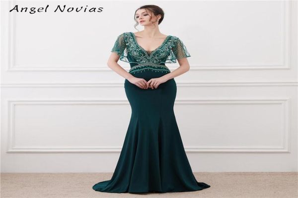 Langes grünes Meerjungfrau-Abendkleid mit Kristallen, arabisch, Dubai, rückenfrei, Kaftan, marokkanische Kristalle, Abschlussball-Party-Kleider8891205