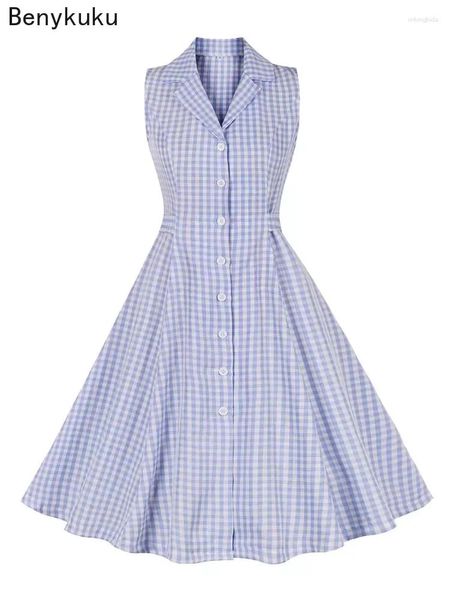 Abiti casual Colletto dentellato Abito monopetto senza maniche da ufficio Donna Estate Blu Plaid bianco Abito vintage Papillon da donna elegante