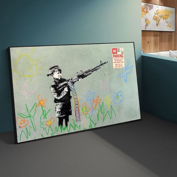 Graffiti Art Banksy Pittura su tela Bambini Pipì Pioggia colorata Astratta Poster e stampe Immagini di arte della parete per soggiorno Casa 264O