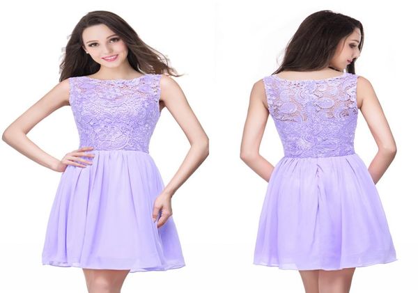 2020 auf Lager Lilac Chiffon kurze Heimkehrkleider billige rückenlose Spitze applizierte Cocktail -Party -Kleid Mini -Prom Abend Kleider C2553247