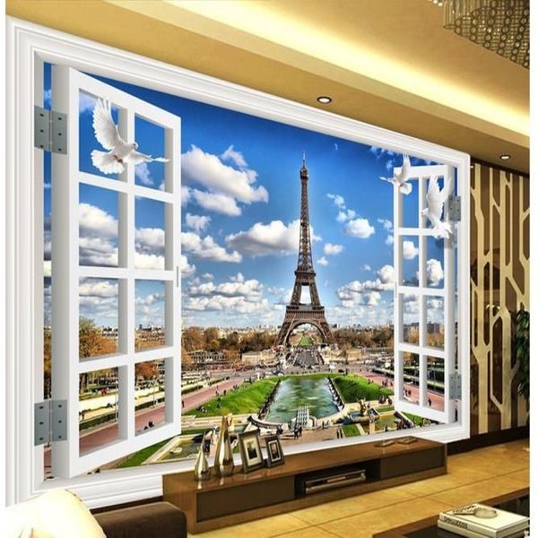 Scenario finestra finestra 3D Torre di Parigi TV sfondo muro carta da parati moderna per soggiorno297o