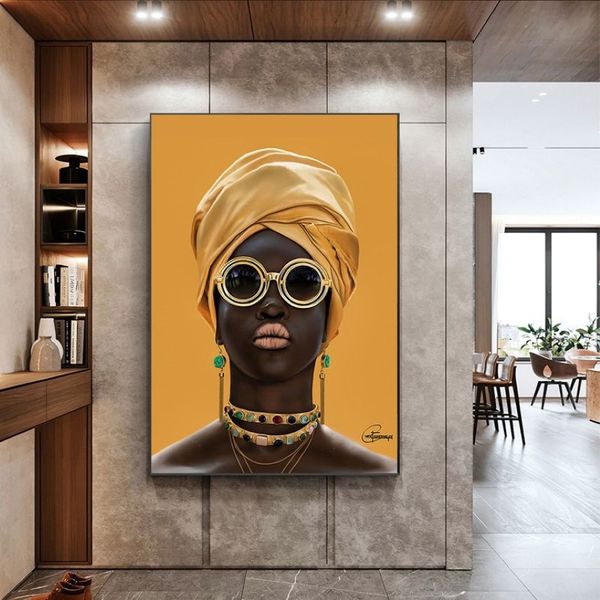 Mulher negra com óculos de sol pintura a óleo na parede decoração moderna lona arte da parede quadros amarelo mulher africana poster257p